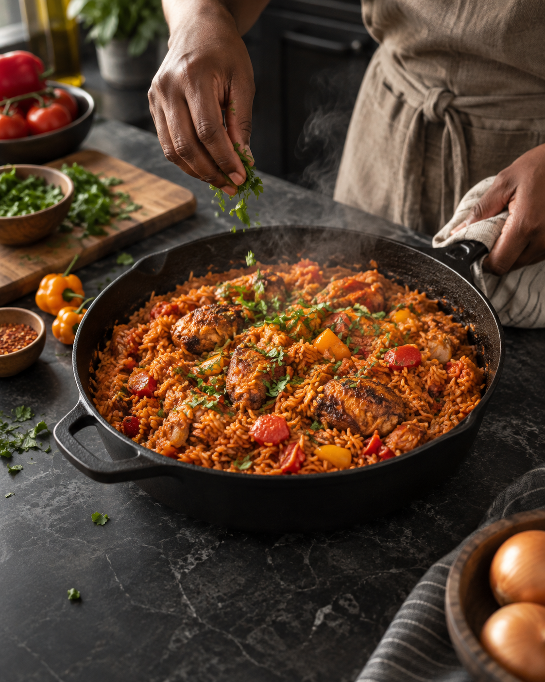 A cook finishing a colourful rice dish with fresh herbs